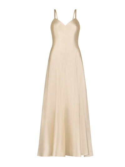 Marina Moscone Champagne satin swing dress at Collagerie