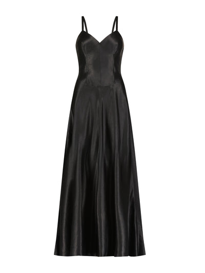 Marina Moscone Black satin swing dress at Collagerie