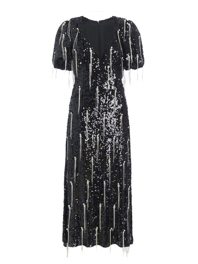 Markarian Black sequin Lavinia midi dress with crystal tassel details at Collagerie