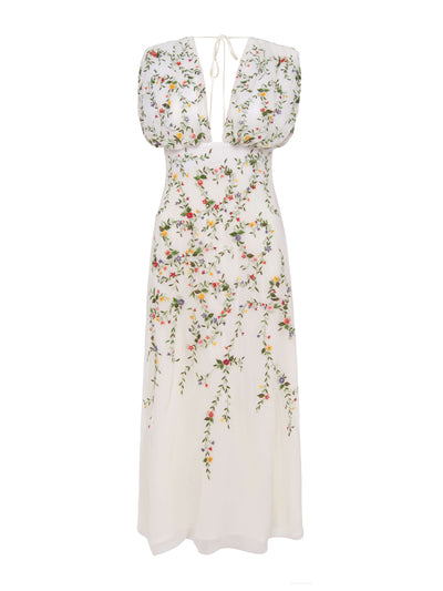 Markarian Primavera white embroidered floral silk midi dress at Collagerie