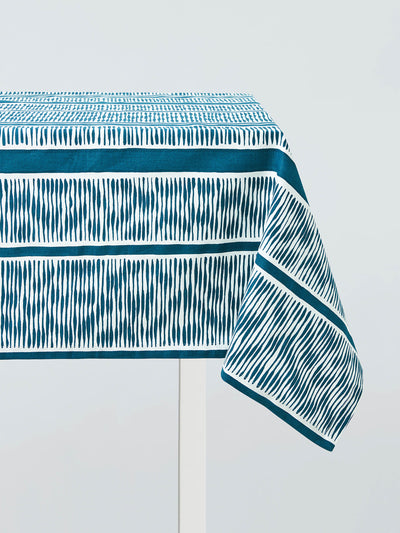 John Lewis X Collagerie Blue ikat stripe rectangular tablecloth L250 x W160cm at Collagerie