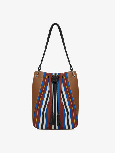 Strathberry x Collagerie Chestnut, black and blue stripe Bollo midi bag at Collagerie