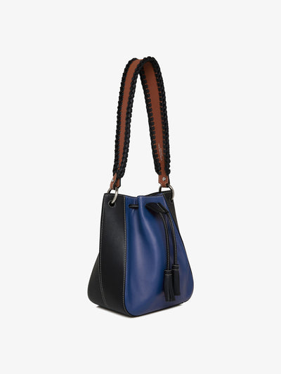 Strathberry x Collagerie Blue, black and chestnut Bollo bag at Collagerie