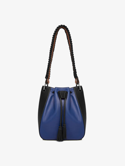 Strathberry x Collagerie Blue, black and chestnut Bollo bag at Collagerie