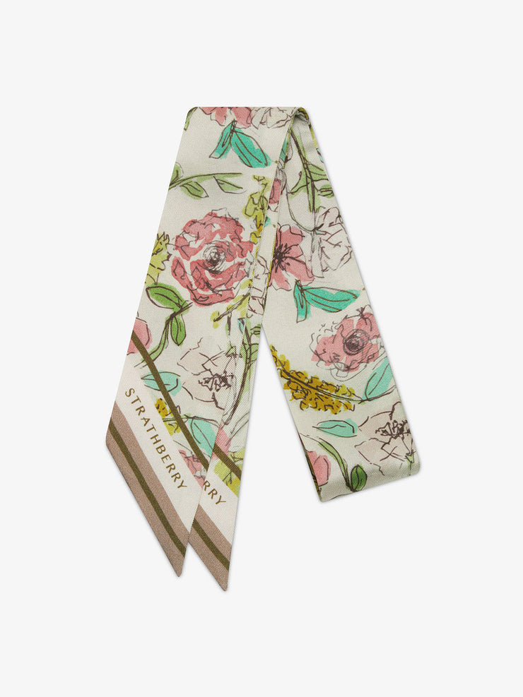 Floral watercolour print silk skinny scarf Silk Skinny Scarf Strathberry    - Collagerie