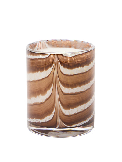 Oliver Bonas Galia brown stripe glass plum and tonka scented candle at Collagerie