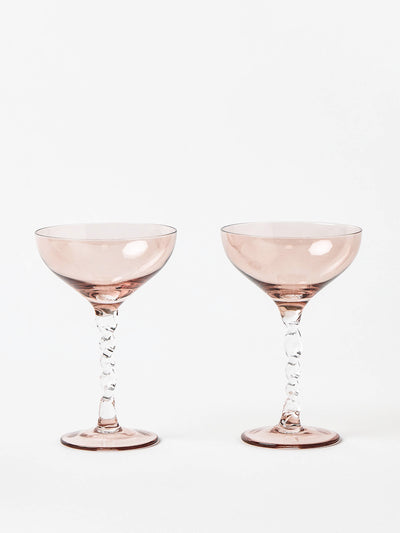 Oliver Bonas Bijou pink twisted stem champagne coupes (set of 2) at Collagerie