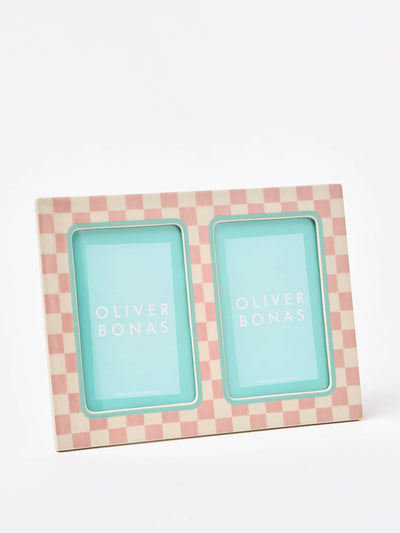 Oliver Bonas Isla pink chequerboard double photo frame at Collagerie