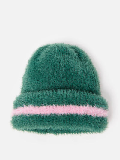 Oliver Bonas Green stripe fluffy knitted beanie hat at Collagerie