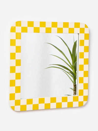 Oliver Bonas Chequerboard yellow and cream resin square wall mirror at Collagerie