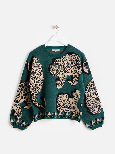 Oliver Bonas Green sparkly leopard knitted jumper at Collagerie