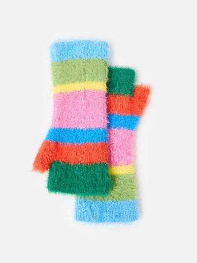 Oliver Bonas Rainbow striped fluffy knitted fingerless gloves at Collagerie