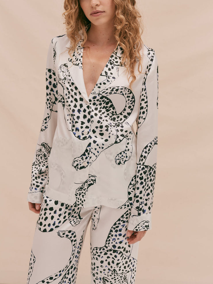 Cream The Jag print silk long pyjama set Silk Long Pyjama Set Desmond & Dempsey    - Collagerie