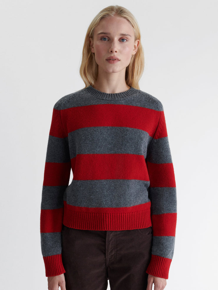 Red and grey Geelong wool Clona striped crewneck