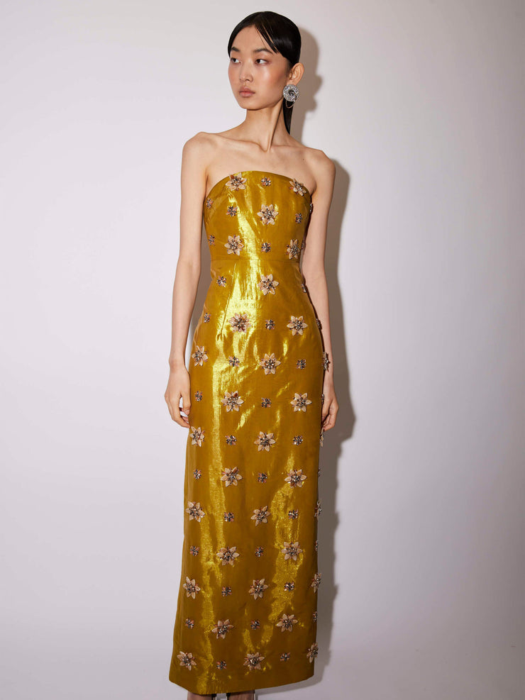 Gold embellished metallic taffeta Lorena dress