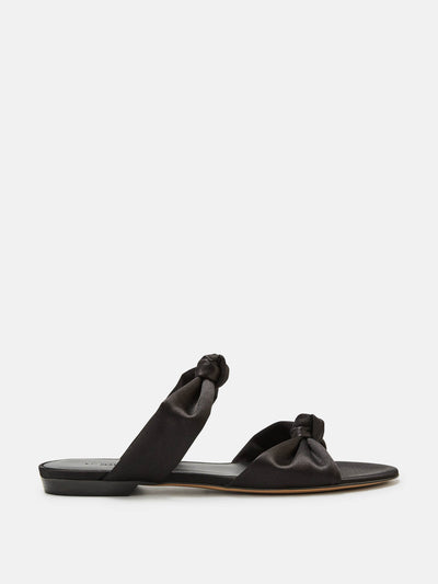 Le Monde Beryl Black satin knot flat sandals at Collagerie