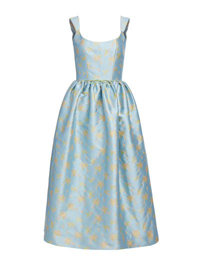 Markarian Apple blue and pink floral brocade midi dress at Collagerie