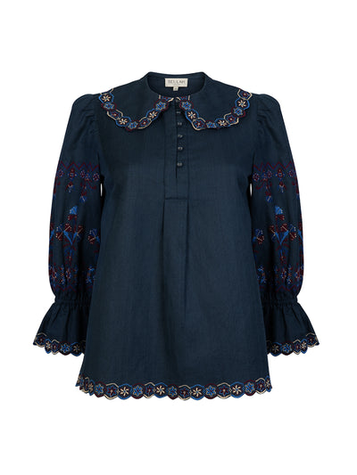 Beulah London Navy embroidered Rue blouse at Collagerie