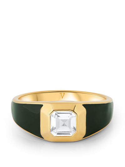 V by Laura Vann Sophie green enamel signet ring with white topaz at Collagerie
