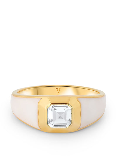 V by Laura Vann Sophie white enamel signet ring with white topaz at Collagerie