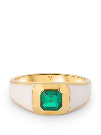 V by Laura Vann Sophie white enamel signet ring with emerald green stone at Collagerie