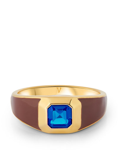 V by Laura Vann Sophie brown Enamel Signet Ring with sapphire blue Stone at Collagerie