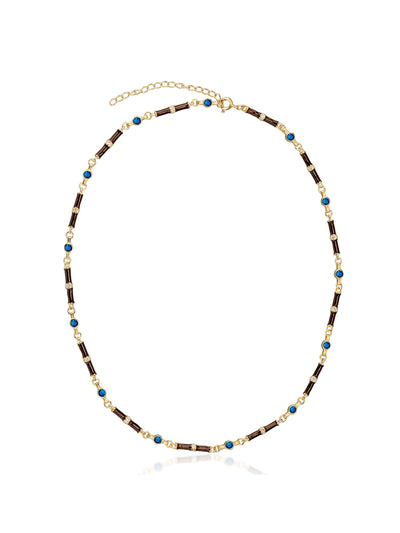 V by Laura Vann Marlowe brown enamel necklace with sapphire blue stone at Collagerie