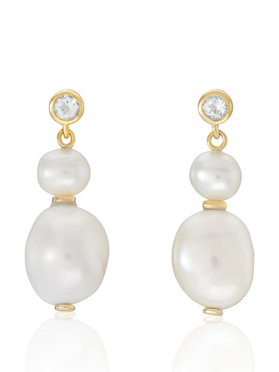 V by Laura Vann Eve double baroque pearl earrings in gold and white topaz at Collagerie