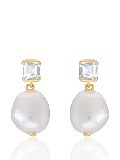 V by Laura Vann Bella baroque pearl drop earrings in gold and white topaz at Collagerie