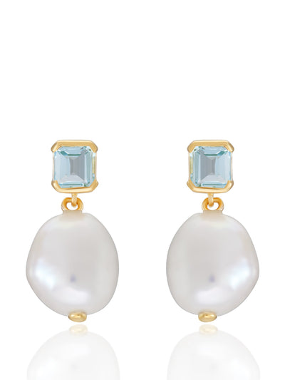 V by Laura Vann Bella baroque pearl drop earrings in gold and blue topaz at Collagerie