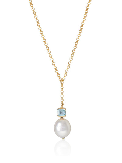 V by Laura Vann Bella baroque pearl necklace in gold and blue topaz at Collagerie