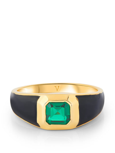 V by Laura Vann Black enamel Sophie signet ring with emerald green stone at Collagerie