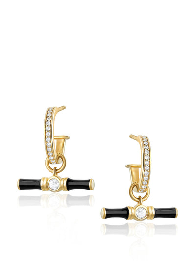 V by Laura Vann White topaz gold Dyllan hoop earrings with black enamel t-bar charms at Collagerie