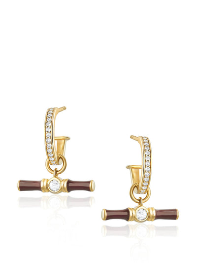 V by Laura Vann White topaz and gold hoop earrings with brown enamel t-bar charm at Collagerie