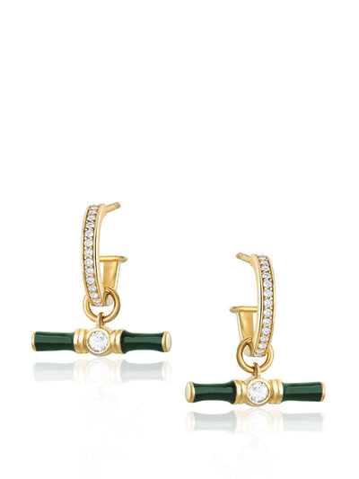 V by Laura Vann White topaz and gold Dyllan hoop earrings with green enamel t-bar charms at Collagerie