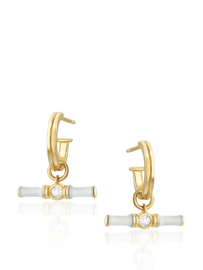 V by Laura Vann Gold Dyllan hoop earrings with white enamel t-bar charms at Collagerie