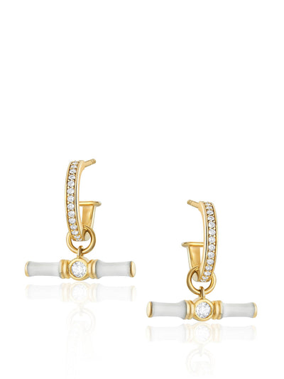 V by Laura Vann White topaz and gold Dyllan hoop earrings with white enamel t-bar charms at Collagerie