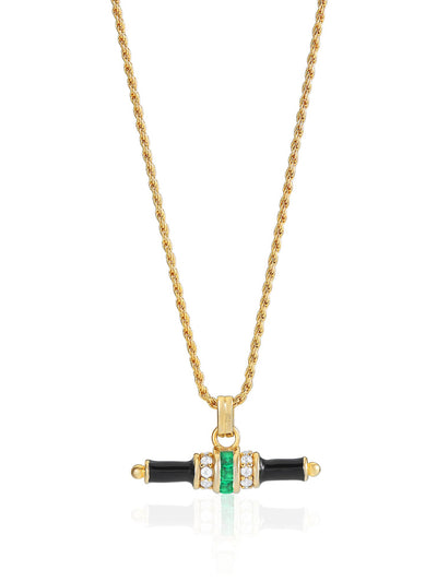 V by Laura Vann Black enamel Bridget t-bar necklace with emerald green stone at Collagerie