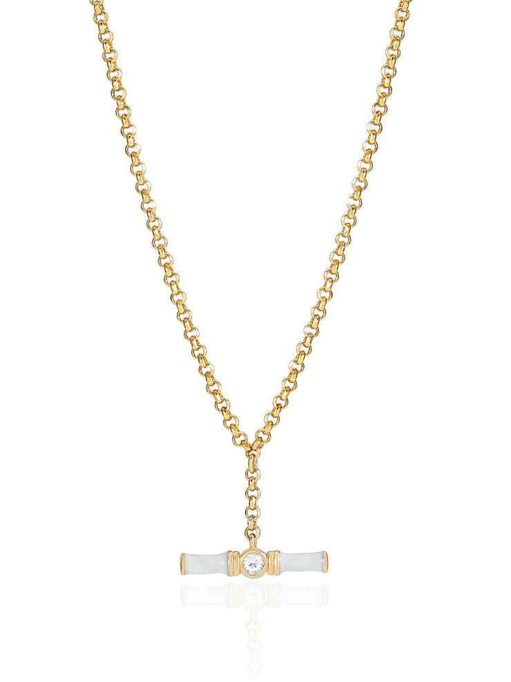 White enamel small Dyllan t-bar necklace with white topaz