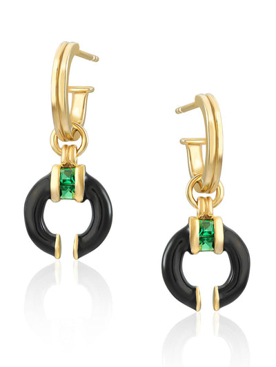 V by Laura Vann Black enamel Delphine earrings with emerald green stone at Collagerie