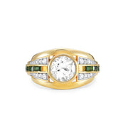 Gold Olive ring with white topaz and emerald green stone