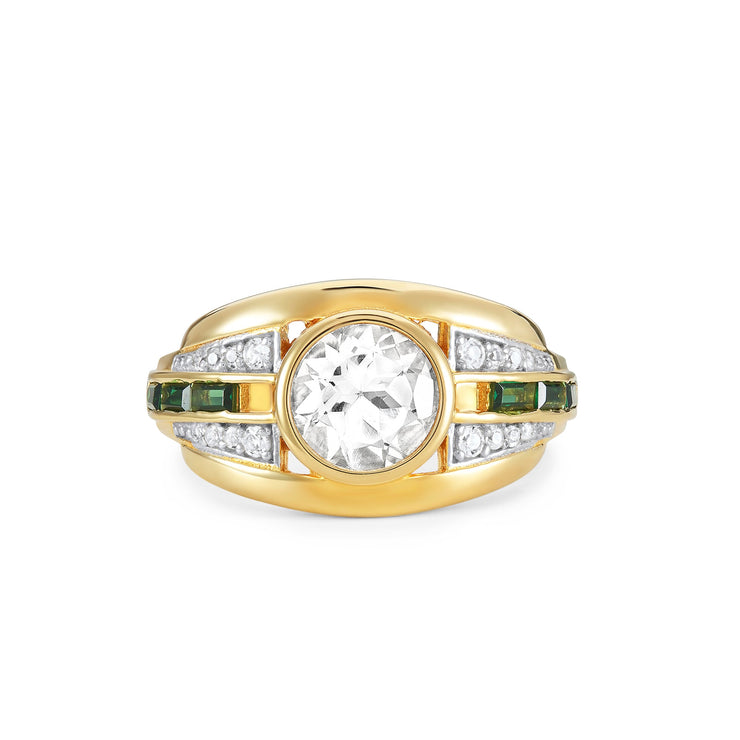 Gold Olive ring with white topaz and emerald green stone