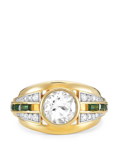 V by Laura Vann Gold Olive ring with white topaz and emerald green stone at Collagerie
