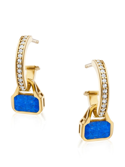V by Laura Vann Blue Lapis charms on white topaz hoop earrings at Collagerie