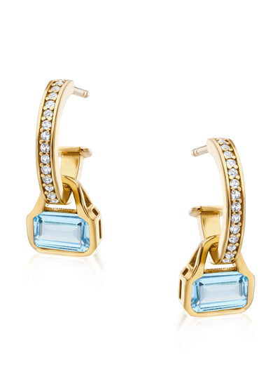 V by Laura Vann Swiss blue Topaz charms on white topaz hoop earrings at Collagerie