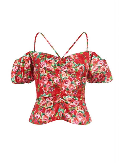 Markarian Red rose floral ruched Ruby top at Collagerie