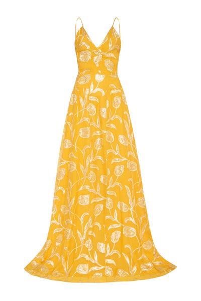 Markarian Yellow floral drop waist Marigold gown at Collagerie