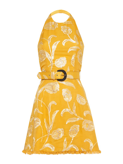 Markarian Yellow floral halter Agave mini dress with belt at Collagerie