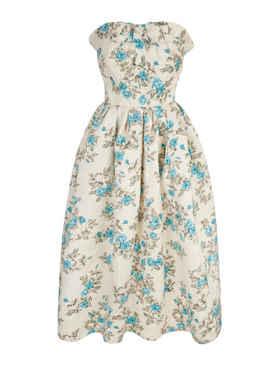 Emilia Wickstead Turquoise floral Italian duchess satin Graciela strapless dress at Collagerie
