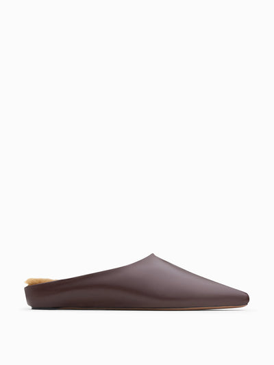 NEOUS Dark chocolate Alba shearling mules at Collagerie